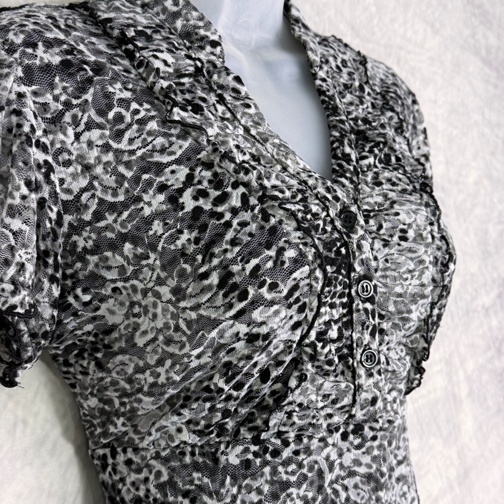y2k mesh babydoll top sz s Leopard Ruffle Sheer fairy grunge indie black gray